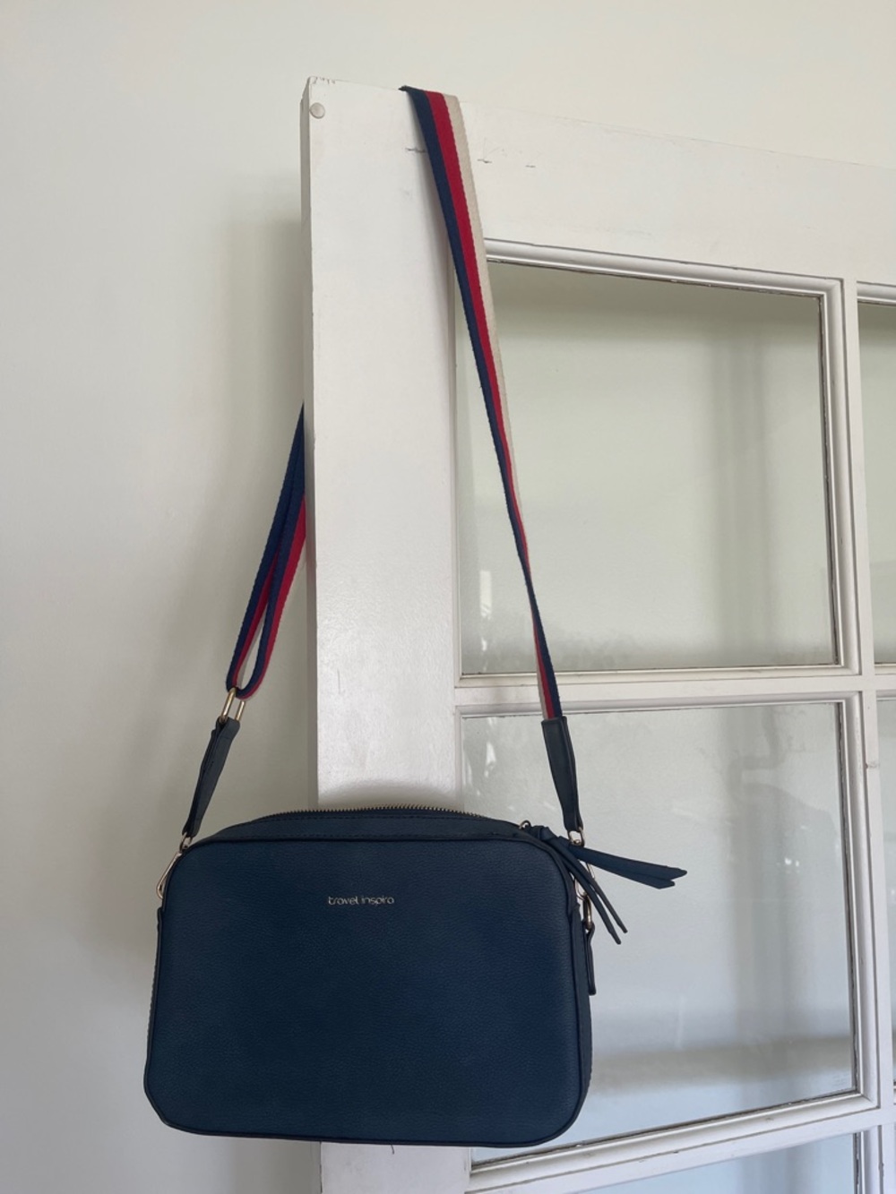 Navy Crossbody Bag with Striped Strap